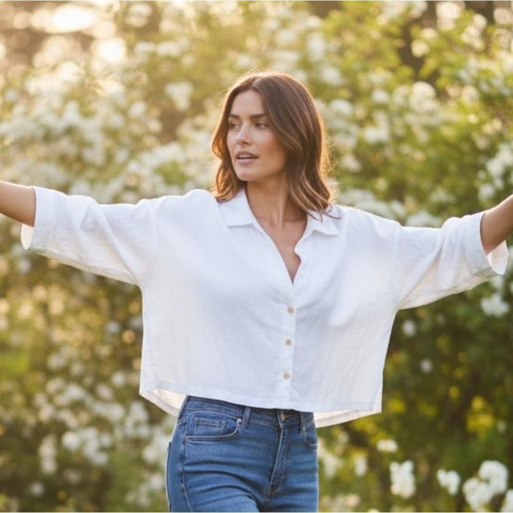 Cropped White Button-Down Shirt with Relaxed Collar